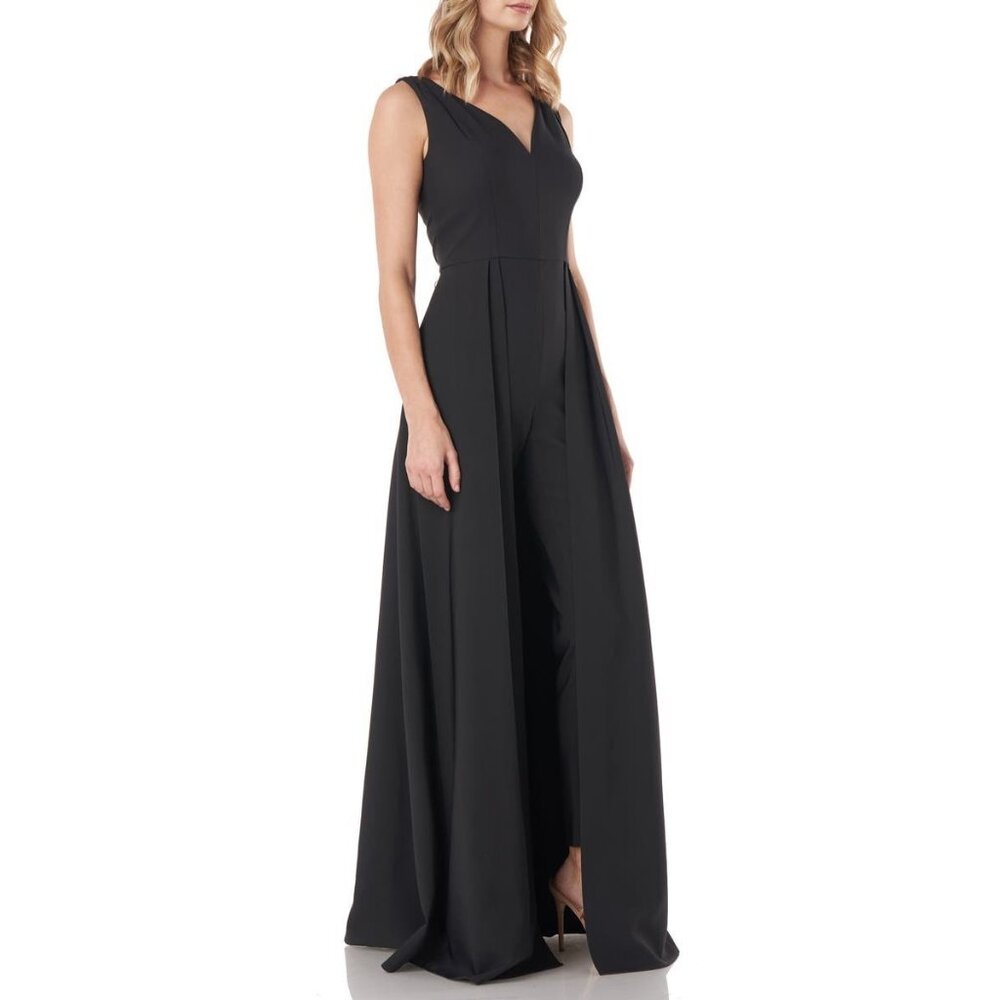 NWT Kay Unger Avery Ashlyn in Black Stretch Crepe Walk Through Maxi Jumpsuit 8 - Picture 2 of 12